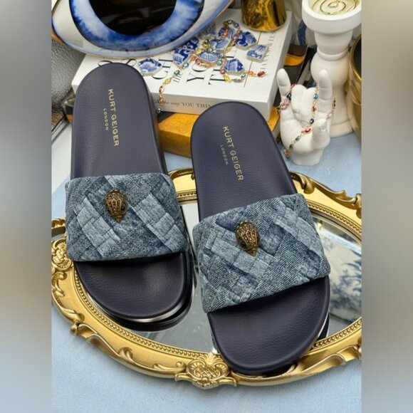 🆕 KURT GEIGER LONDON 🧿 NWOB Blue Denim Meena Eagle Slides, Sz EU 41 US10 - Picture 5 of 12